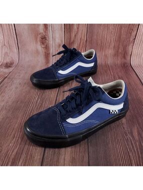 Vans Mens 6.5 Popcush Skate Old Skool Blue Suede Canvas Leather Shoes Sneakers